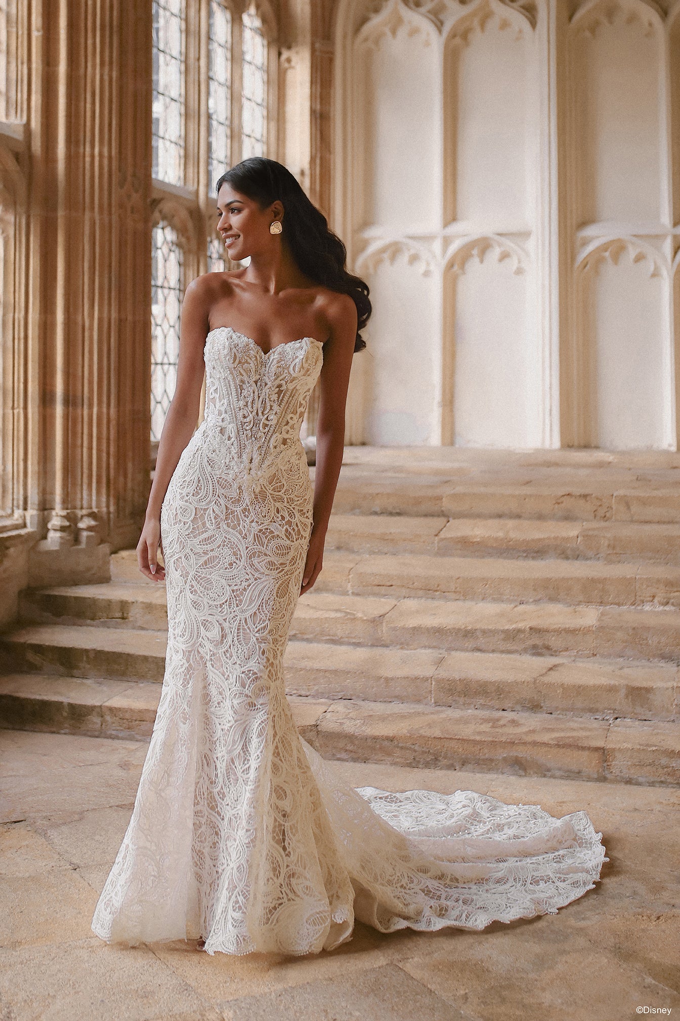 Allure Bridals DP454 Jasmine Platinum needle-lace sheath wedding dress in champagne and nude